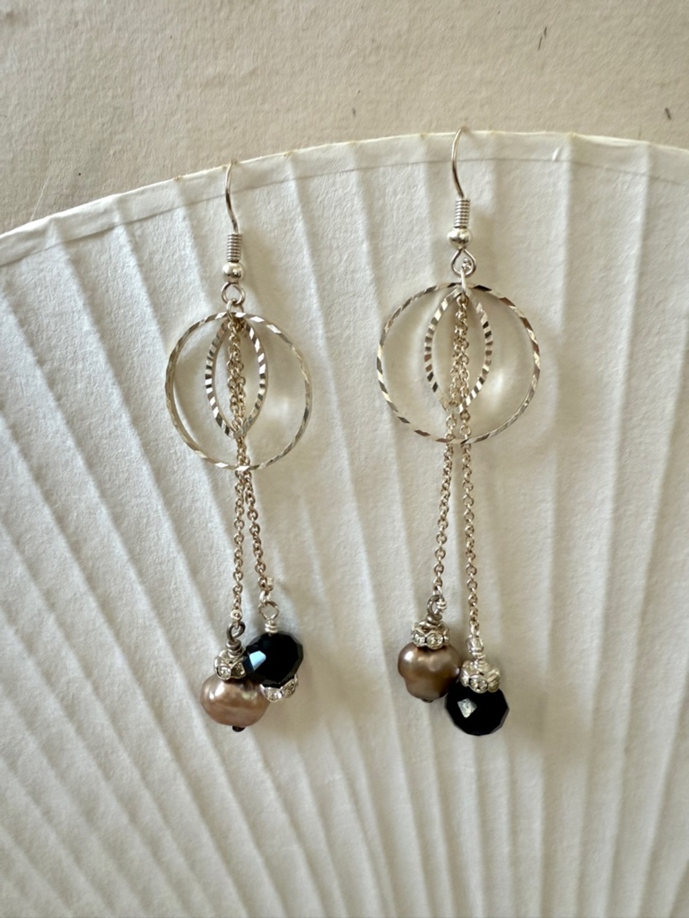 Handmade Silver Drop Earrings with Black and Champagne Beads